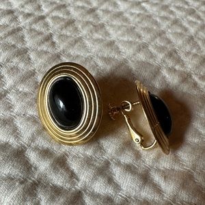 Vintage Napier Black Gold Oval Clip on Earrings